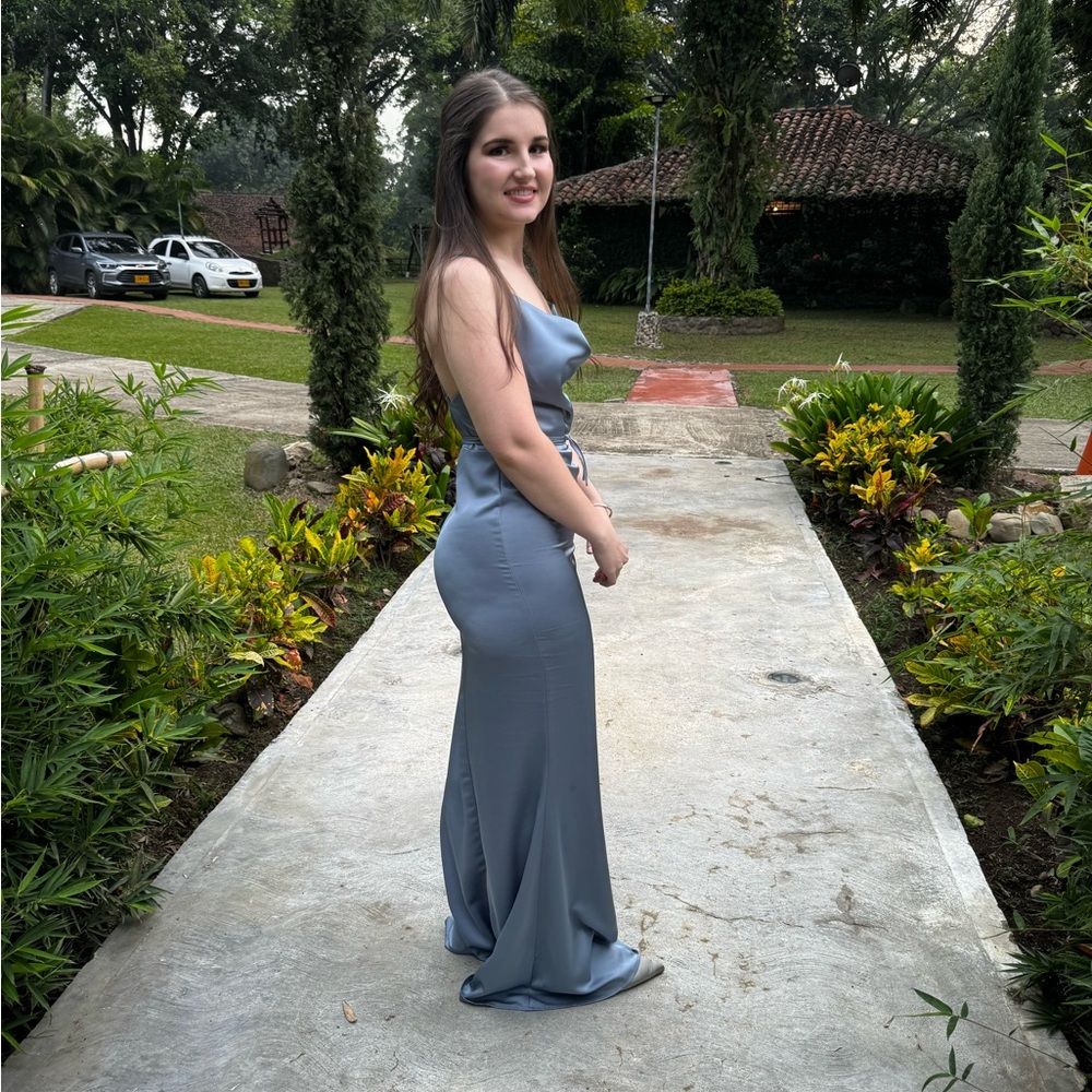 SLATE BLUE SATIN COWL NECK MAXI DRESS WITH CROSS BACK DETAIL - Picture 5 of 6